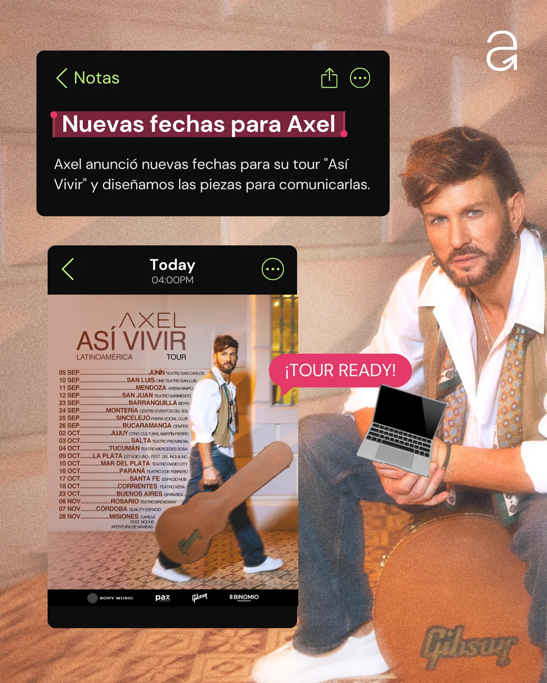 Pieza de identidad visual del tour As&iacute; Vivir de Axel, publicada por Fleekhaus.